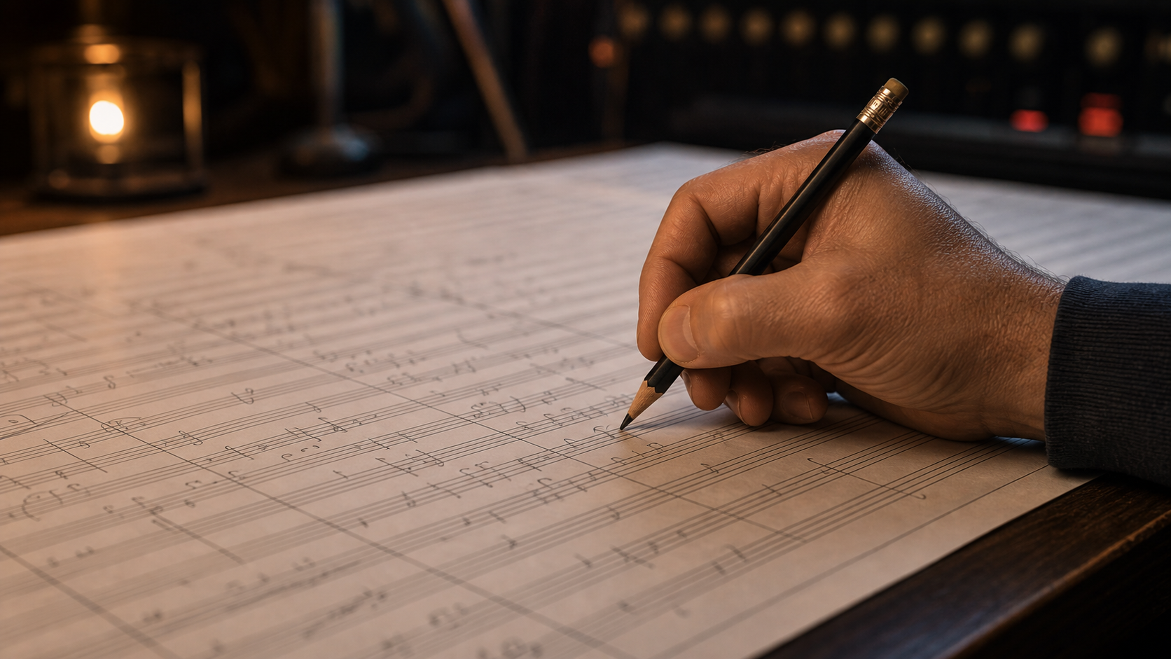 Composer hand writing notes on an orchestral score